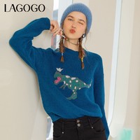La·go·go 拉谷谷 Lagogo2021新款圆领可爱撞色卡通图案针织衫女KCMM419C38