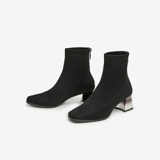 BASTO 百思图 23冬商场新款黑色高跟绒面弹力靴瘦瘦靴棉鞋女短靴TF240DD3