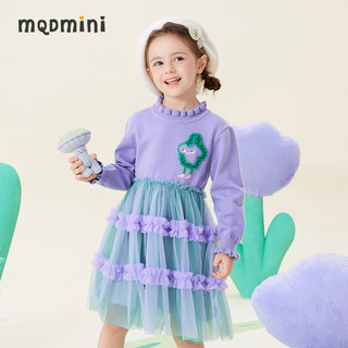 MQD童装女小童长袖连衣裙毛衣网纱拼接荷叶边儿童裙子 电光紫 110
