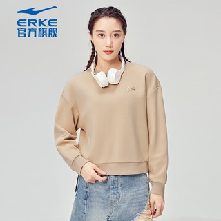 鸿星尔克（ERKE） 卫衣女加绒加厚保暖运动上衣简约百搭休闲女子 冰咖色 XL