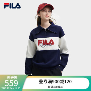 FILA 斐乐女子针织长袖上衣2023冬时尚宽松撞色翻领上衣 深默蓝-DB 170/88A/L