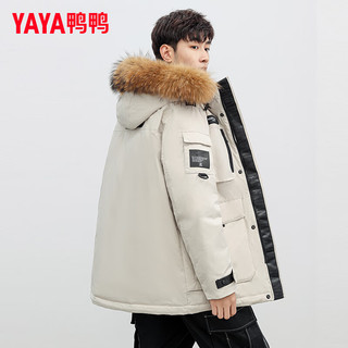 鸭鸭（YAYA）羽绒服男中长款冬季时尚工装连帽貉子毛领保暖外套QZ 米白色 175/92A(L)