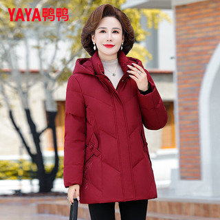 鸭鸭（YAYA）中老年羽绒服女中长款冬季连帽休闲保暖装外套CF 红色 170/92A(XL)