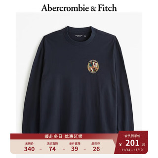 ABERCROMBIE & FITCH男装女装 徽章logo纯色中性风美式复古圆领长袖T恤 353516-1 海军蓝 S (175/92A)