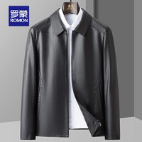 罗蒙【牛皮】男士短款翻领皮衣时尚商务休闲真皮夹克 亮黑 185