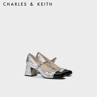 CHARLES&KEITH23冬季CK1-60361486时尚拼接亮片粗跟玛丽珍女 Silver银色 38