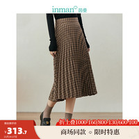茵曼（INMAN）【李一桐同款】格纹半身裙女装小A百褶裙 咖啡色 S