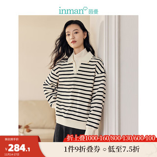 茵曼（INMAN）条纹假两件卫衣冬女装慵懒风衬衫领上衣 黑白条 M