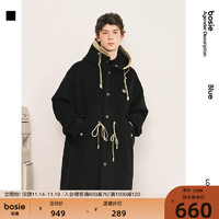 bosie【小花人系列】冬季呢子大衣男长款撞色宽松 黑色 160/80A