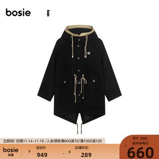 bosie【小花人系列】冬季呢子大衣男长款撞色宽松 黑色 160/80A