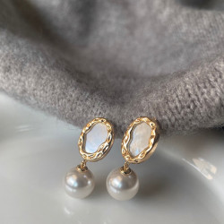 不规则金属贝壳珍珠耳钉925银女韩国小众个性复古百搭气质耳环