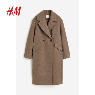 H&M女装毛呢外套双排扣平驳领纽扣前襟大衣1170404 棕色 155/80A