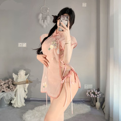 geezoro透明古典立领旗袍复古刺绣开叉睡衣睡裙蕾丝女纯欲家居服薄款