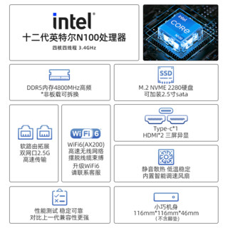 艾尔葳 英特尔12代N100迷你主机2.5G双网办公家用四核Mini主机云终端NUC主机软路由 N100/准系统