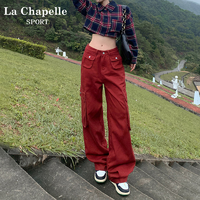 抖音超值购：La Chapelle 红色工装裤女款美式复古宽松阔腿裤直筒休闲裤高腰显瘦