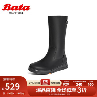 Bata 拔佳 时装靴女2023冬英伦牛皮保暖通勤软底羊毛里中靴ATK63DZ3 黑色 38