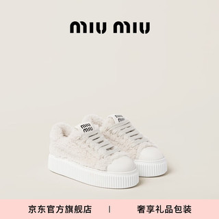 MIU MIU【】缪缪女士徽标饰毛羊皮厚底运动鞋鞋子 白色 37