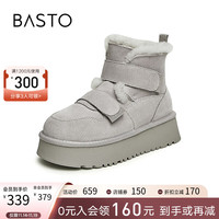 百思图23冬商场魔术贴加绒牛皮雪地靴棉鞋厚底女短LD280DD3 灰色 35