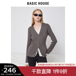 BASIC HOUSE/百家好V领针织开衫女修身假两件上衣 摩卡灰 S