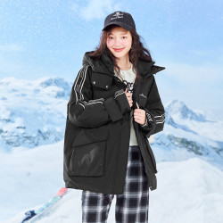 女式短款羽绒服时尚休闲户外防水科面料工装运动印花织带羽绒服女