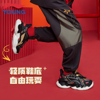 LI-NING 李宁 童鞋儿童运动鞋男女大童运动生活轻质回弹大logo撞色拼接休闲鞋YKCQ198-25黑色/金黄色38