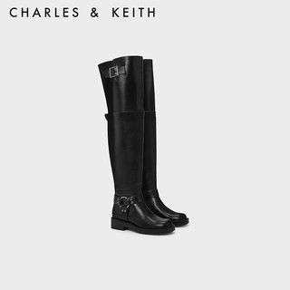 CHARLES&KEITH23冬季时尚皮带扣过膝阔筒长筒靴女CK1-90920136 Black黑色 39