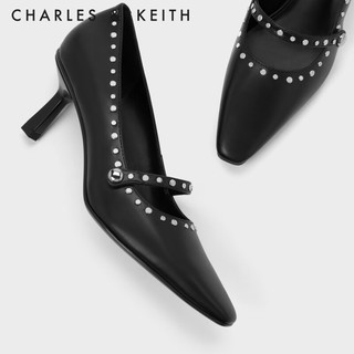 CHARLES&KEITH23冬季小方头铆钉高跟鞋玛丽珍鞋女CK1-61720168 Black黑色 39