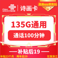 中国联通 诗画卡 两年19元月租（135G国内流量+100分钟通话+返20元）返40元
