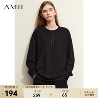 AMII2024春圆领抽绳标牌装饰速干抗菌珠地卫衣女棉质落肩上衣 黑色 160/84A/M