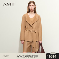 AMII 2023冬翻领全羊毛斜纹双面呢外套女腰带装饰不对称上衣 驼色 155/80A/S