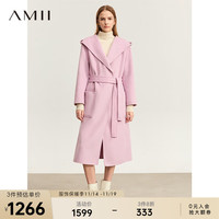 AMII2023冬连帽开叉配腰带全羊毛双面呢大衣女宽松毛呢外套 粉紫 160/84A/M