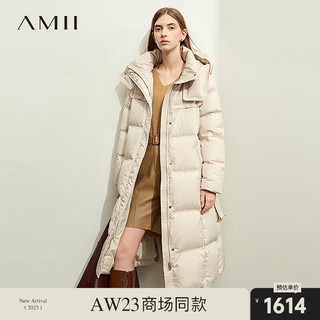 AMII2023冬温暖轻盈连帽配腰带鸭绒泡芙羽绒服女长款外套大衣 浅卡其 155/80A/S