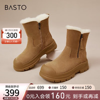 BASTO 百思图 商场同款简约休闲雪地靴厚底女中靴LD201DZ3 棕色 38