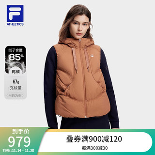 FILA 斐乐女士羽绒马甲2023冬宽松保暖运动连帽外套上衣 砖褐色-BN 170/88A/L