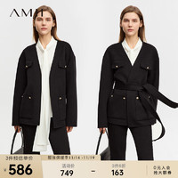 AMII2023冬V领配腰带全羊毛双面呢女一手长外套 黑色 150/76A/XS