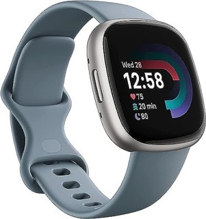 fitbit Versa 4 健身智能手表，内置 GPS，电池续航时间长达 6 天 -  9.0 或更高版本，瀑布蓝/白金铝材