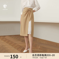 范思蓝恩 夏季不规则半身裙气质百褶裙女中长款高腰a字裙 驼色 XL
