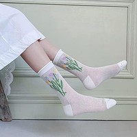 Amosfun 4 双装女式透气袜子卡通刺绣花朵夏季网眼丝袜棉质防滑地板纱布袜(白色、粉色、紫色、黄色)
