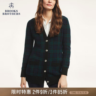 布克兄弟（BrooksBrothers）女士秋冬绵羊毛针织开衫V领复古格子毛衣 B475-蓝绿格子 L