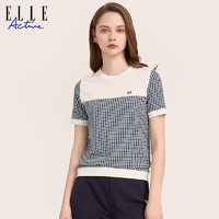 ELLE Active 高级感格纹短袖t恤女 气质显瘦百搭通勤纯棉半袖上衣
