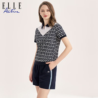 ELLE Active 复古满印polo短袖t恤女夏季新款2023小众拉链翻领上衣
