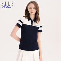 ELLE Active 设计感polo衫女2023夏季新款薄休闲撞色翻领纯棉短袖