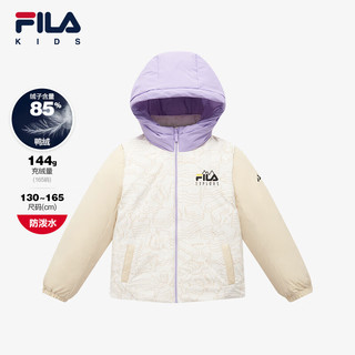 FILA【防泼水】斐乐儿童连帽外套2023冬中大童女童保暖羽绒服 满印一-ZA 130