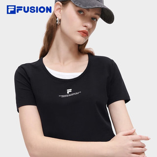 斐乐（FILA） FUSION潮牌假两件短袖T恤女时尚休闲修身短款上衣 正黑色-BK 165/84A/M
