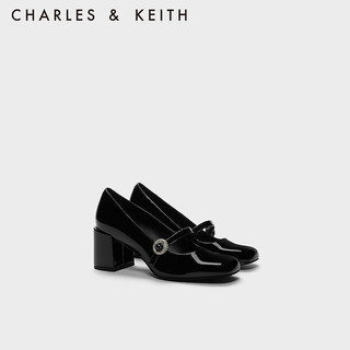 CHARLES&KEITH23冬季CK1-60361487复古粗跟玛丽珍鞋单鞋女 Black Patent黑色 35