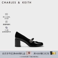 CHARLES&KEITH23冬季CK1-60361487复古粗跟玛丽珍鞋单鞋女 Black Patent黑色 35