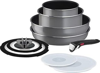 Tefal 特福 T-fal 火锅和煎锅套装 带可拆卸手柄 9 件套 燃气火兼容 不粘锅 灰色 L16199