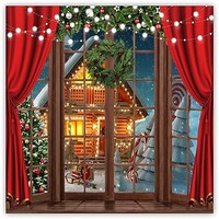 Leowefowa 圣诞背景圣诞窗户卡通摄影背景冬季梦仙境装饰新年假日派对6.6 x 6.6 英尺