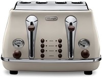 De'Longhi 德龙 Icona Vintage 4槽烤面包机，再加热，除霜，单面百吉饼和6种褐变设置，CTOV4003BG，米色
