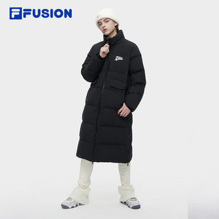 FILA FUSION斐乐潮牌长款羽绒服女时尚休闲连帽外套 正黑色-BK 155/76A/XS